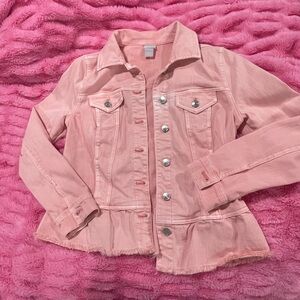 Chico's Light Pink Denim Jacket with Ruffle Bottom